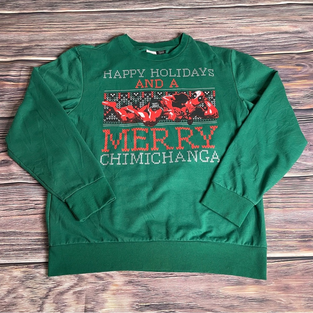 Marvel Deadpool Sweatshirt MadEngine Green Christmas Chimichanga Unisex Sz Large